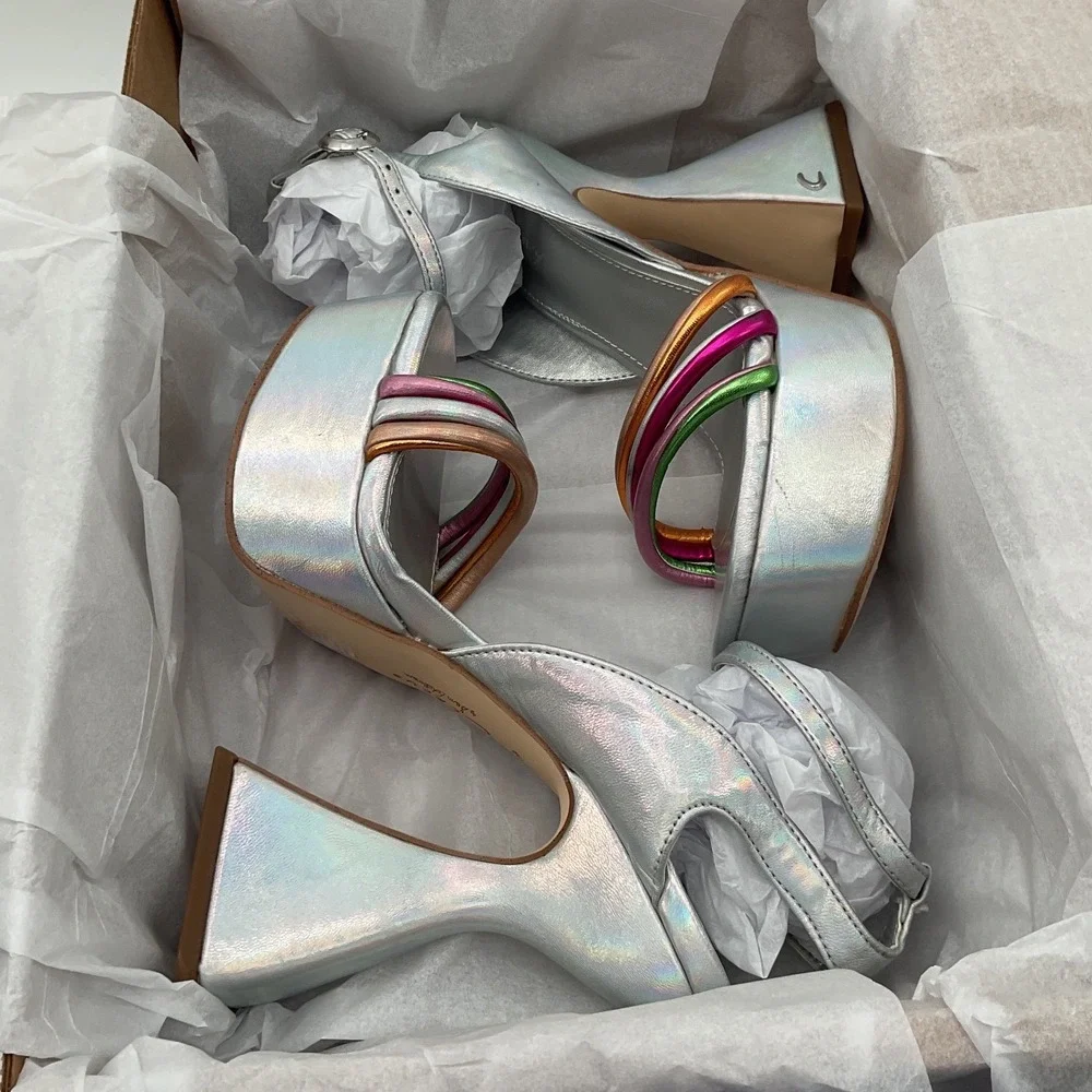 Circus NY Sam Edelman Silver Holographic Multi Strap Platform Flared Heel Sandal